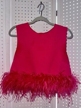 La' Ros Hot Pink Feather Trim Crop Top Women's M